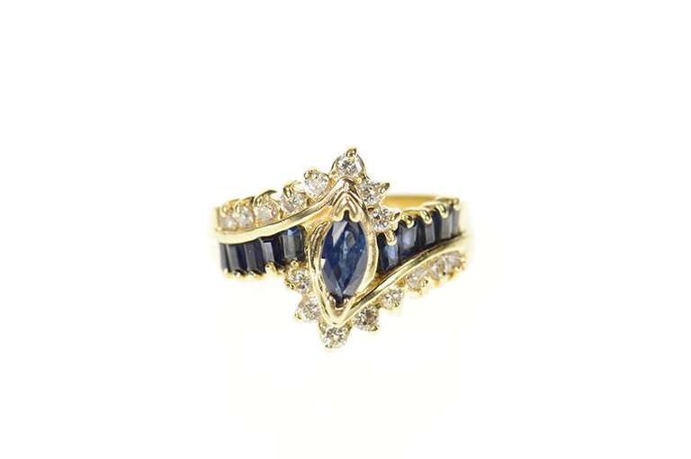 14K Yellow Gold 0.90 Ctw Marquise Sapphire Diamond Bypass Ring