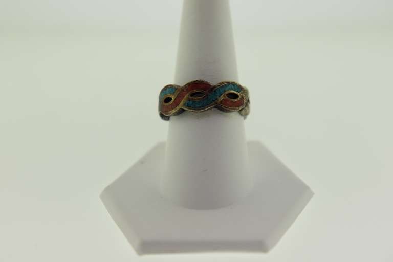 Vintage Sterling Silver Wave Design Inlay Enamel Ring