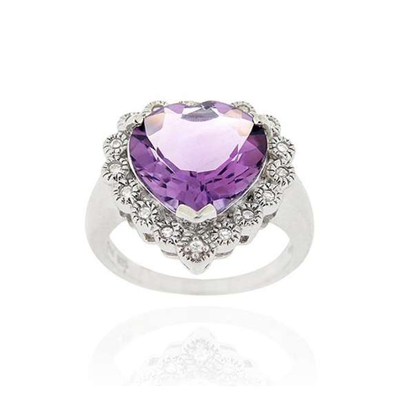 Sterling Silver 5.20ct. Amethyst & CZ Heart Ring