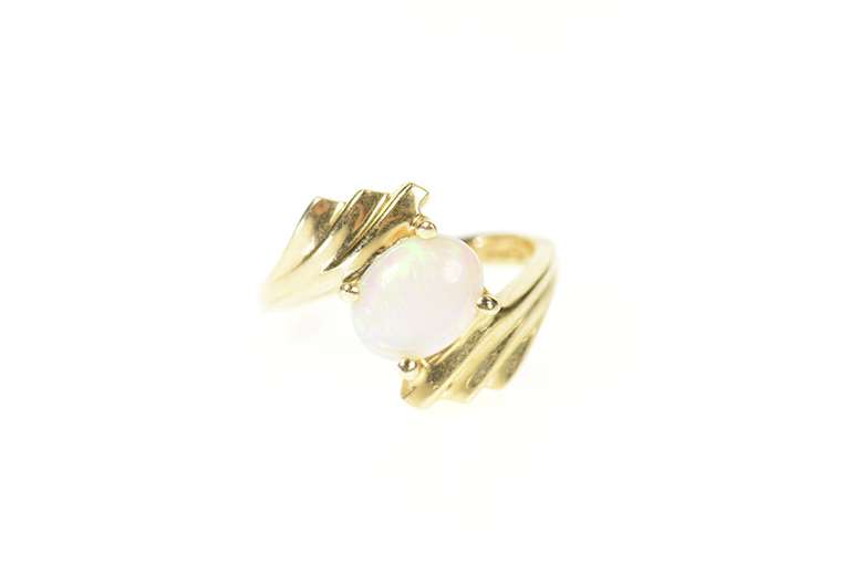 14K Yellow Gold Retro Ornate Natural Opal Cabochon Bypass Ring