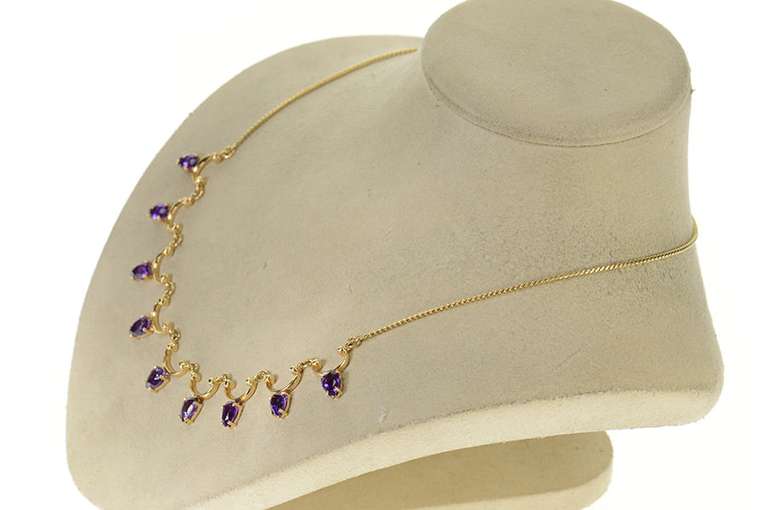 14K Yellow Gold Pear Amethyst Scalloped Drop Fringe Chain Necklace
