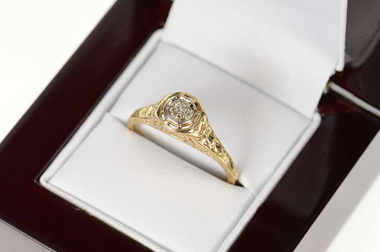 10K Yellow Gold Art Deco Floral Filigree Diamond Engagement Ring