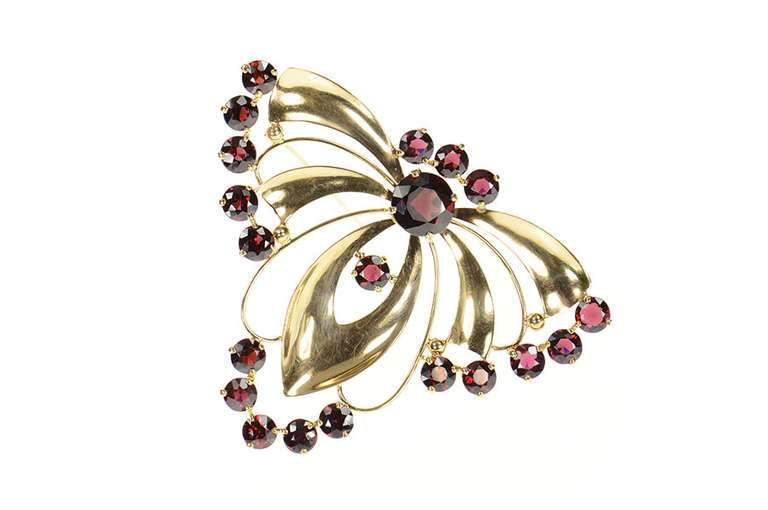 14K Yellow Gold Ornate Syn. Garnet Retro Butterfly Moth Pin/Brooch