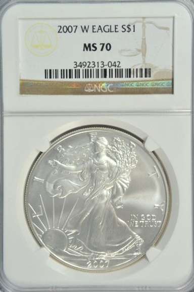 Perfect 2007-W $1 Silver Eagle. NGC MS70