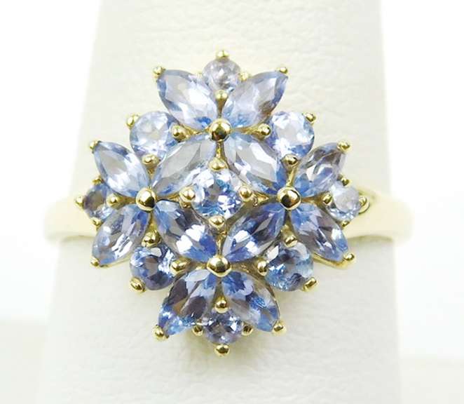 Fancy 14K Multi-Tanzanite Cluster Ring, Size 9.5