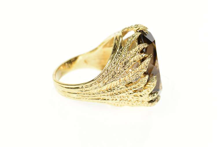 10K Yellow Gold Retro Textured Leaf Motif Smoky Quartz Ring