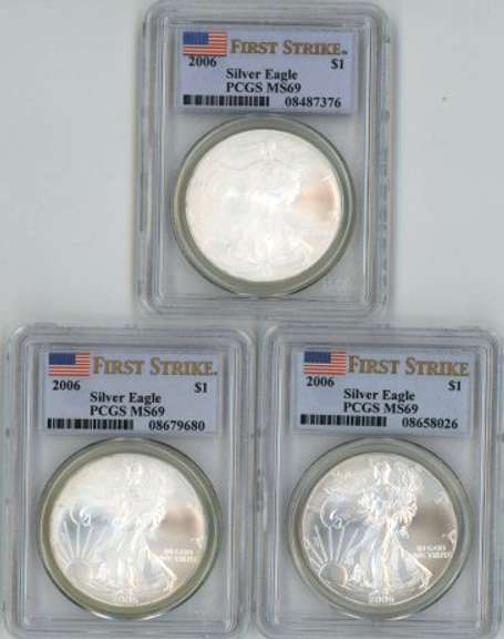 3 Near Perfect PCGS MS69 FIRST STRIKE 2006 $1 Eagles