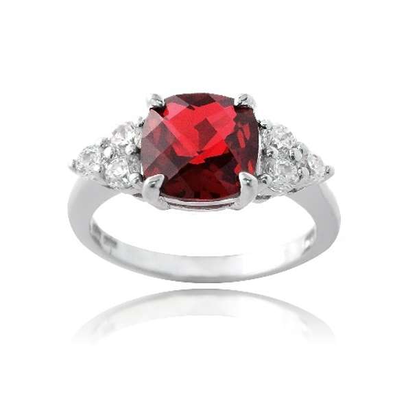 Sterling Silver 1.4ct Created Ruby & CZ Accents Cushion Cut Ring