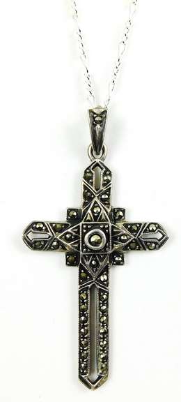 Large Sterling Silver Marcasite Cross & Chain
