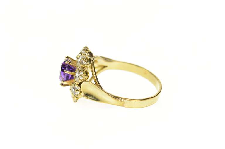 8K Yellow Gold Victorian Syn. Amethyst Rhinestone Halo Ring
