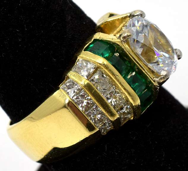 Powerful CZ, Diamond, & Emerald Ring in 18KT Yellow Gold