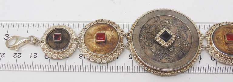 Sterling Silver Signed Sajen Coin & Stone Bracelet