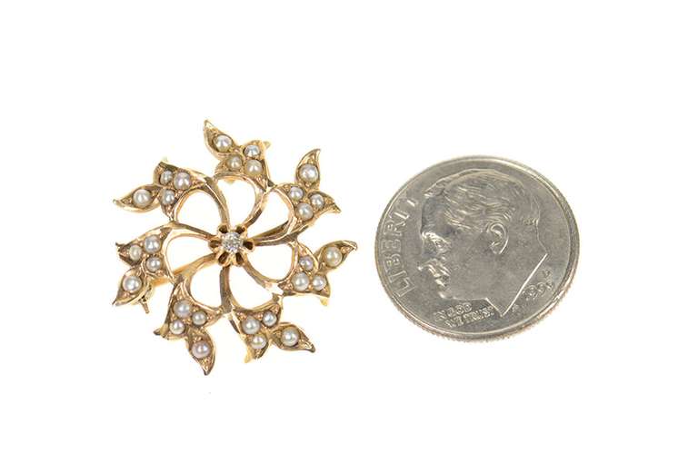 10K Yellow Gold Victorian Seed Pearl Scroll Diamond Pendant/Pin