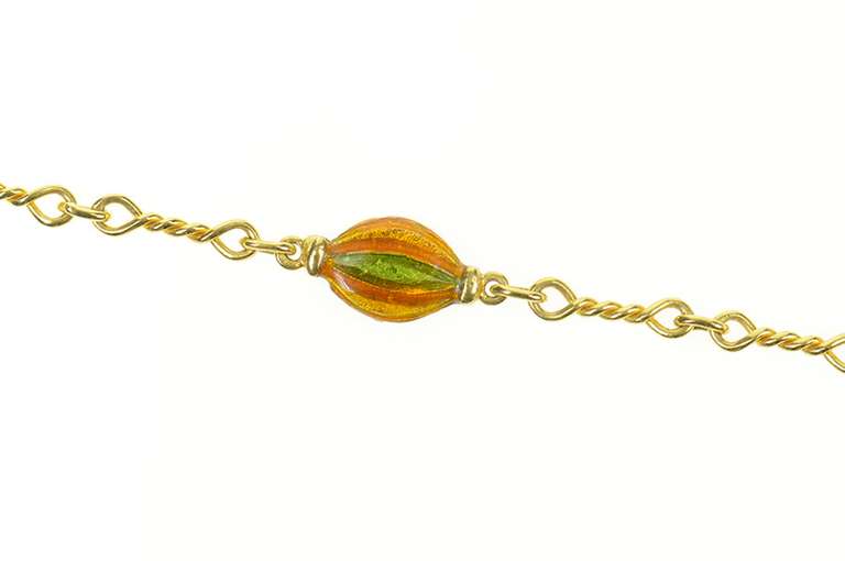 18K Yellow Gold Retro Orange Green Enamel Statement Chain Necklace