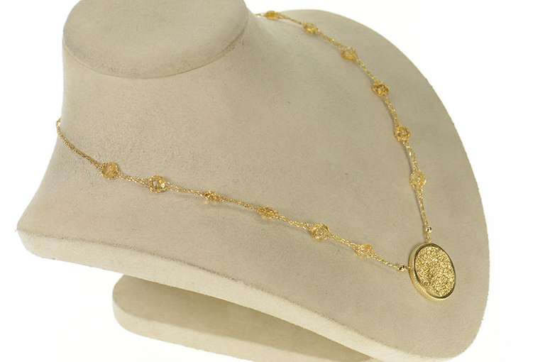 14K Yellow Gold Druzy Quartz Citrine Mesh Chain Statement Necklace