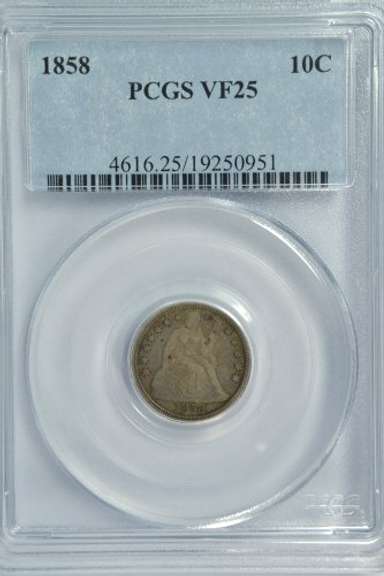 1858 Liberty Seated Dime. PCGS VF25
