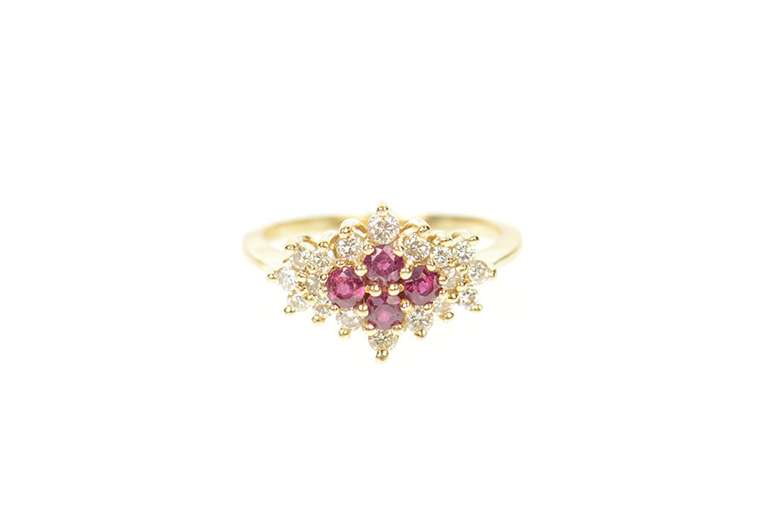 14K Yellow Gold 0.61 Ctw Ruby Diamond Halo Cluster Ring