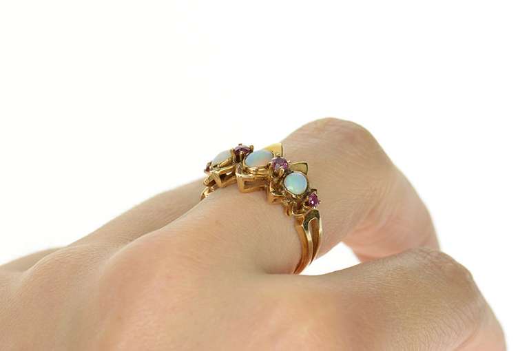 14K Yellow Gold Victorian Natural Opal Ruby Statement Ring