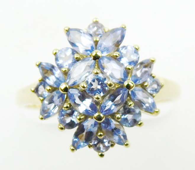 Fancy 14K Multi-Tanzanite Cluster Ring, Size 9.5