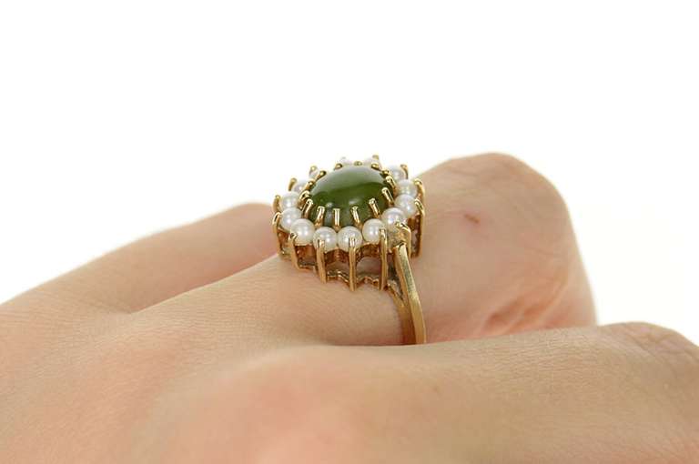 10K Yellow Gold Ornate Nephrite Jade Pearl Halo Cocktail Ring