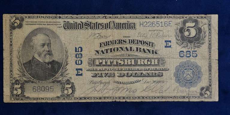 1902 Series National Bank Note Bank Of Pittsburg 5 Dollar Note Circulated