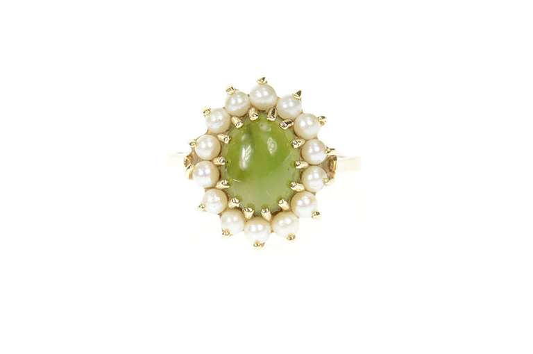 10K Yellow Gold Ornate Nephrite Jade Pearl Halo Cocktail Ring