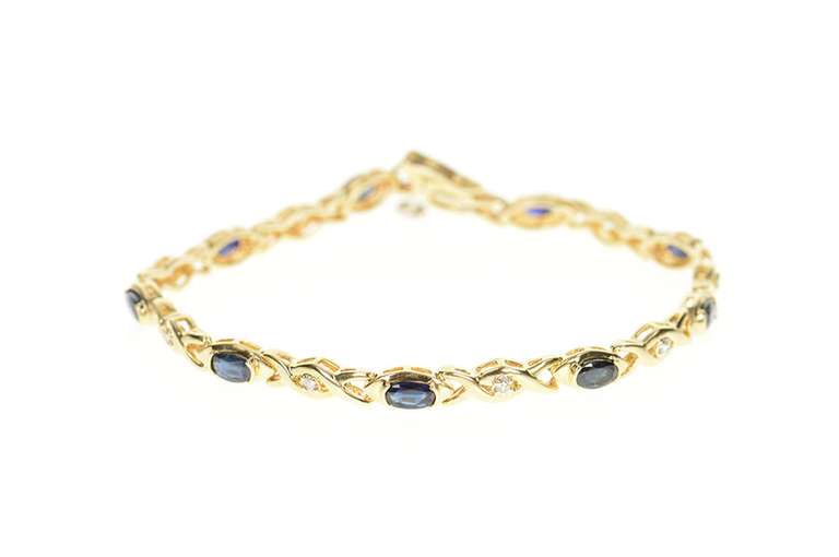 10K Yellow Gold Oval Natural Sapphire Diamond Wavy Link Bracelet