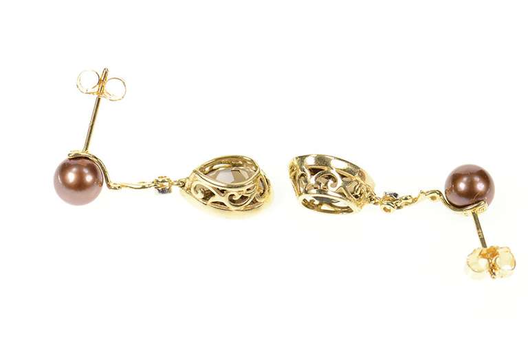 14K Yellow Gold Ornate Pear Smoky Quartz Drop Brown Pearl Earrings