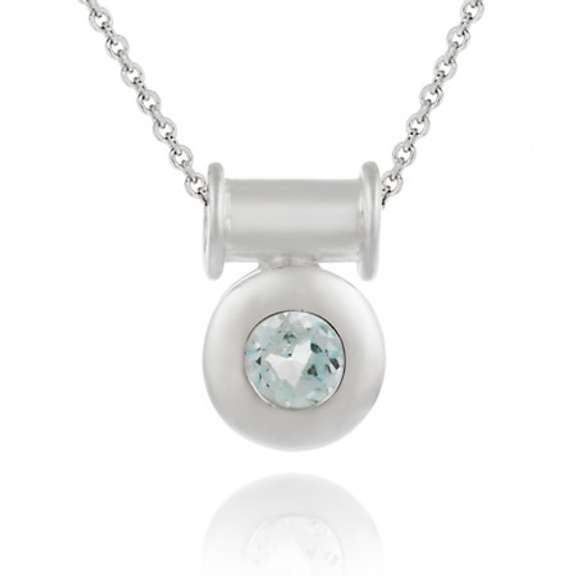Sterling Silver slide Macaroni Pendant with round bezel set Genuine Blue Topaz