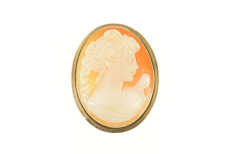 14K Yellow Gold Victorian Ornate Carved Shell Cameo Lady Pendant/Pin