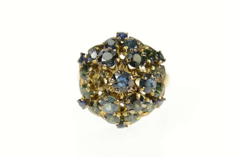 12K Yellow Gold 1960's Ornate Sapphire Round Cluster Cocktail Ring