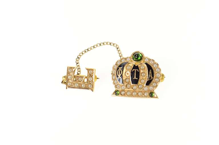 14K Yellow Gold Phi Theta Alpha Crown Seed Pearl E Lapel Pin/Brooch