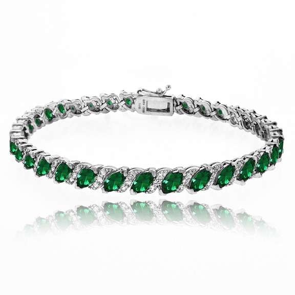 Simulated Emerald Tennis Bracelet with White Topaz Accents in Sterling Silver