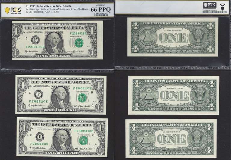 $1 1993 FRN End Of Roll Error Face Gem Uncirculated with Book Ends GEM