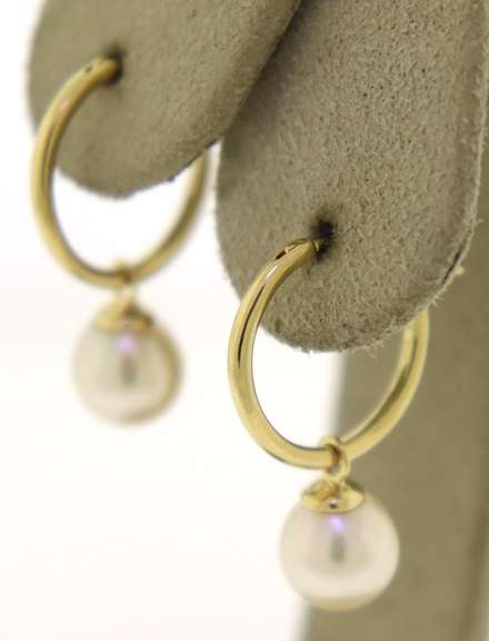 Elegant 14kt Yellow Gold Pearl Dangle Hoop Earrings
