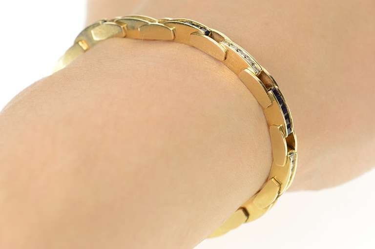 14K Yellow Gold 2.55 Ctw Sapphire Diamond Bar Link Tennis Bracelet