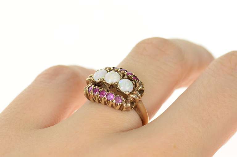 10K Yellow Gold Ornate Victorian Natural Opal Ruby Statement Ring