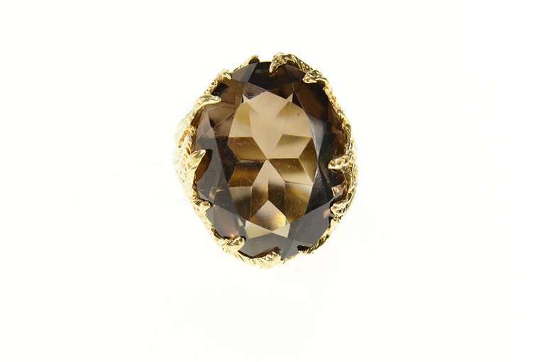 10K Yellow Gold Retro Textured Leaf Motif Smoky Quartz Ring