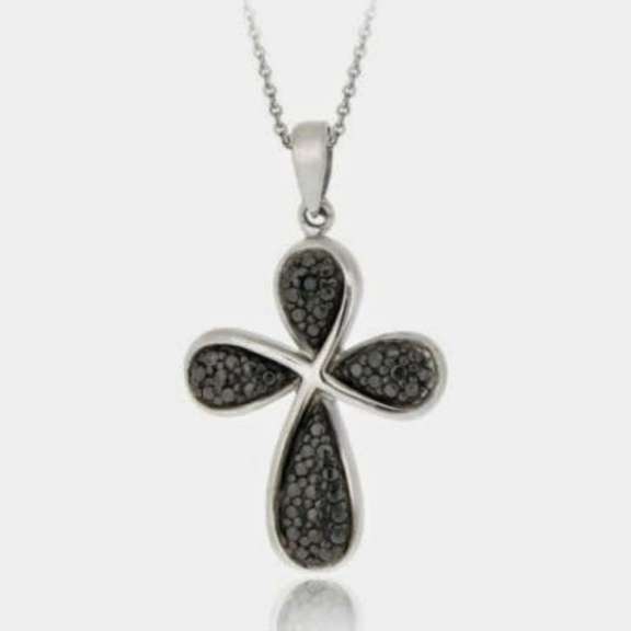 Sterling Silver Black Diamond Accent Ribbon Cross Pendant