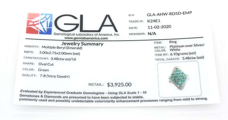 Entrancing 3.48CTW Emerald Cluster Ring in Platinum-Plated Silver