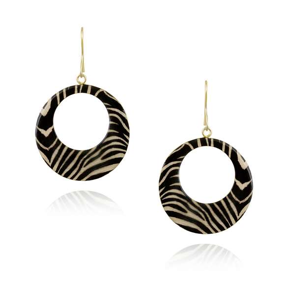 Gold Tone Enamel Zebra Print Circle Dangle Earrings