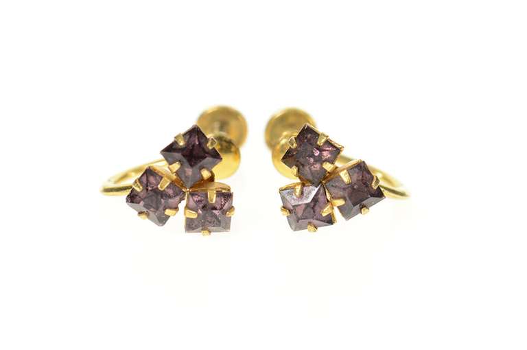 Gold Filled Square Sim. Amethyst Cluster Screw Back Earrings