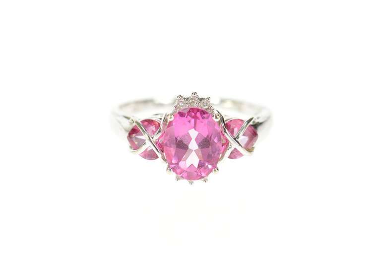10K White Gold Oval Syn. Pink Sapphire Diamond Accent Ring