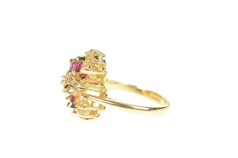 14K Yellow Gold Marquise Ruby Diamond Swirl Cluster Cocktail Ring