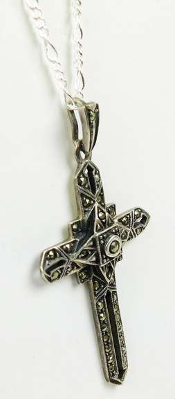 Large Sterling Silver Marcasite Cross & Chain