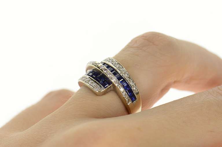 14K White Gold 0.96 Ctw Princess Sapphire Diamond Bypass Ring