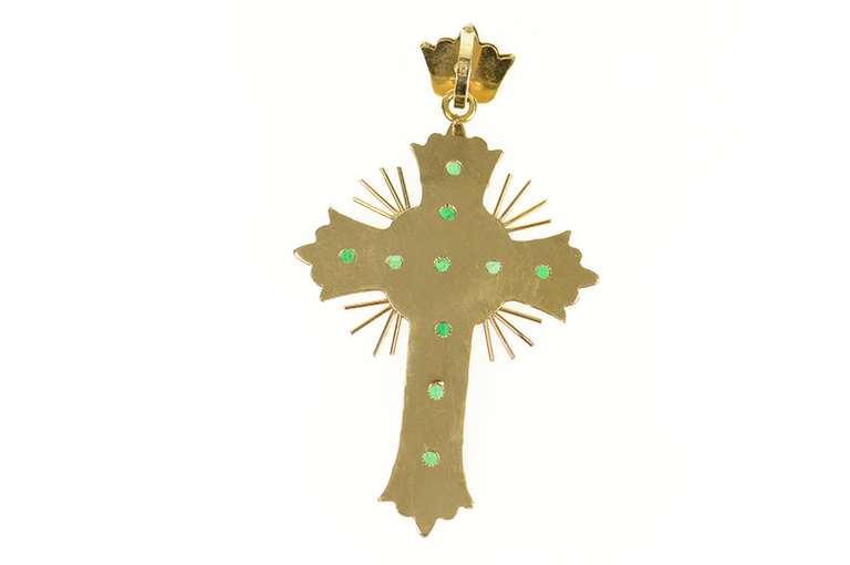 18K Yellow Gold 3.47 Ctw Victorian Natural Emerald Cross Pendant
