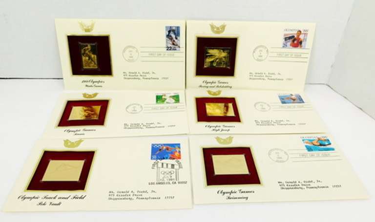 6 Olympic 1st Day Covers & 23KT Gold Stamps