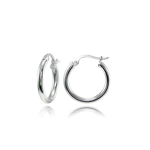 Sterling Silver 2mm High Polished Round Hoop Earrings, 15mm
