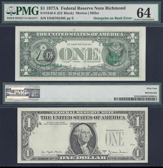 $1 1977-A FRN Overprint on Back Error PMG Choice Uncirculated 64